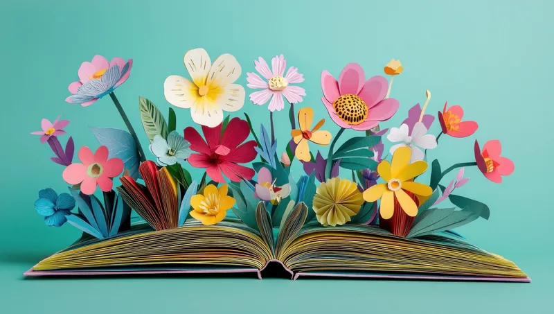 Яркая иллюстрация книги-раскладушки с красочными цветами, олицетворяющая творчество, природу и воображение