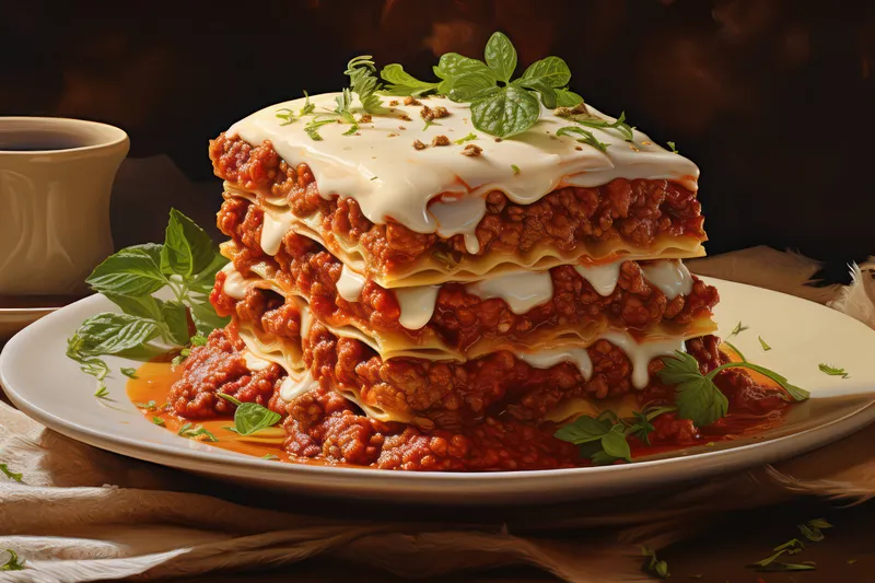 Тарелка с порцией томатной лазаньи с говядиной, пастой и мясным соусом болоньезе, посыпанная сыром моцарелла и украшенная свежим базиликом
