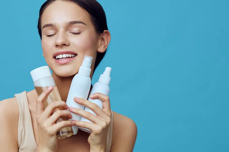 Young female model joyfully holding skincare products against a blue background, showcasing her glowing skin and healthy beauty routine