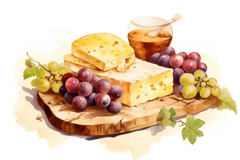 Закуска на деревянной доске: сыры (рокфор, камамбер, гауда, пармезан), виноград, мед и ломтики хлеба