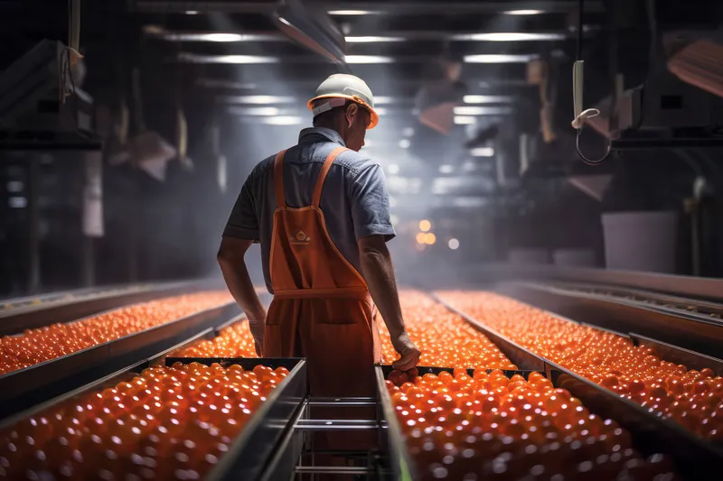 Люди на конвейере, обработка продуктов, производственное оборудование, машины