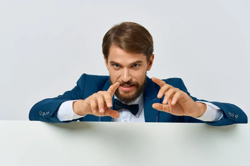 Бизнесмен, эмоция, презентация, белый макет, постер, реклама, руководитель