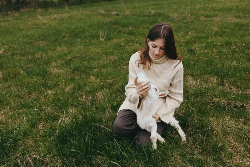 Woman in a cream sweater sits on field grass as a curious goat kid nuzzles her hands, capturing a wholesome outdoors lifestyle, nature, and countryside moment with gentle light.
