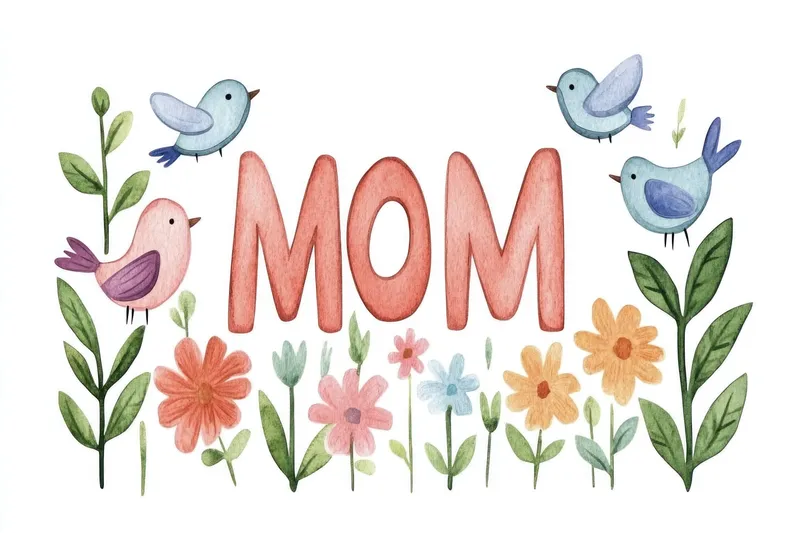 Очаровательная акварельная работа, демонстрирующая слово MOM с яркими цветами и игривыми птицами, идеально подходящая для подарков ко Дню матери, открыток и проектов, ориентированных на семью
