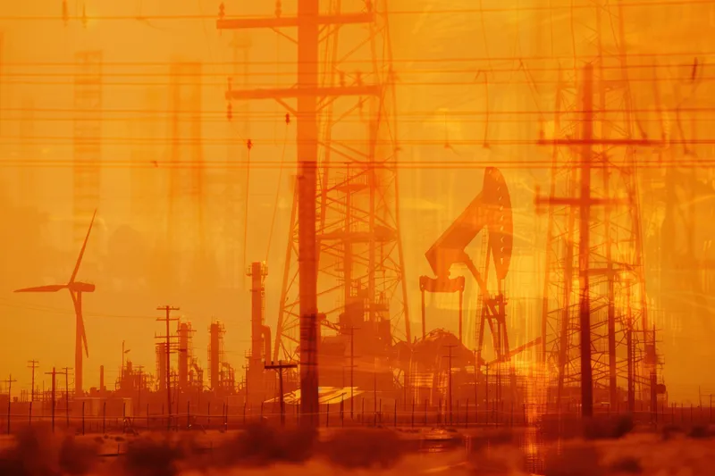 Сцена из энергетической отрасли, демонстрирующая добычу нефти и возобновляемые источники энергии ветра, с линиями электропередач, вырисовывающимися силуэтами на фоне ярко-оранжевого неба, что…