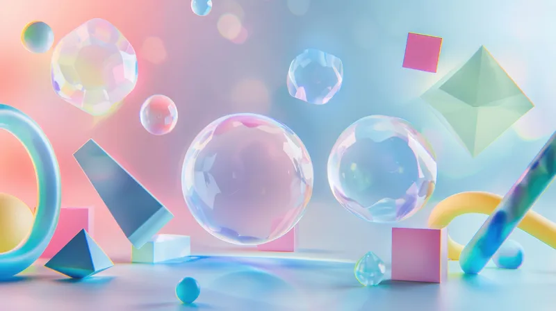 Многоцветный абстрактный фон с различными фигурами и пузырьками, 3D-рендеринг