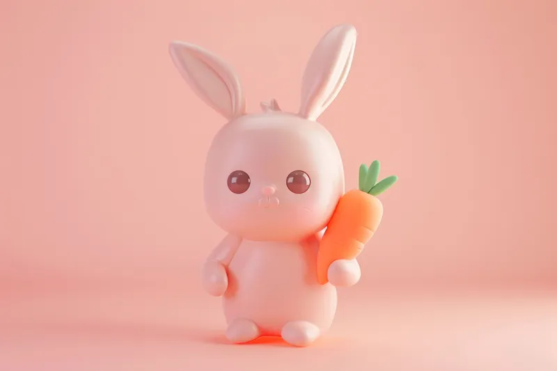 Очаровательный кролик, держащий морковку, в 3D-иллюстрации на розовом фоне для стокового фото