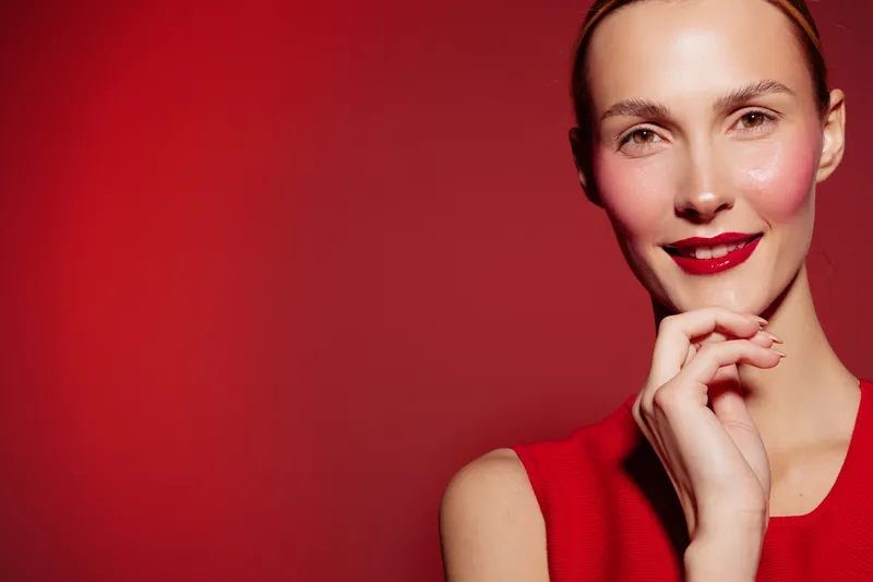 Smiling woman with red lipstick and blush makeup poses against red background. Close-up portrait with hand near chin. Concept of beauty, fashion, and confident female model in studio lighting.
