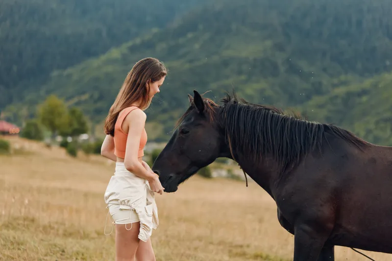 A young woman stands in a grassy field facing a calm horse, engaging in a gentle connection amid a wide countryside setting, conveying serenity, curiosity, and mindfulness outdoors.