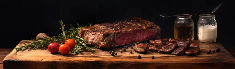 Соленое мясо на деревянной доске с розмарином