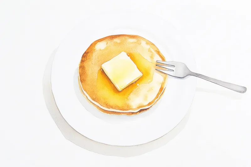 Аппетитная стопка золотистых блинчиков, увенчанная кусочком масла и политая сиропом, подается на безупречно белой тарелке, идеально подходит для завтрака или позднего завтрака