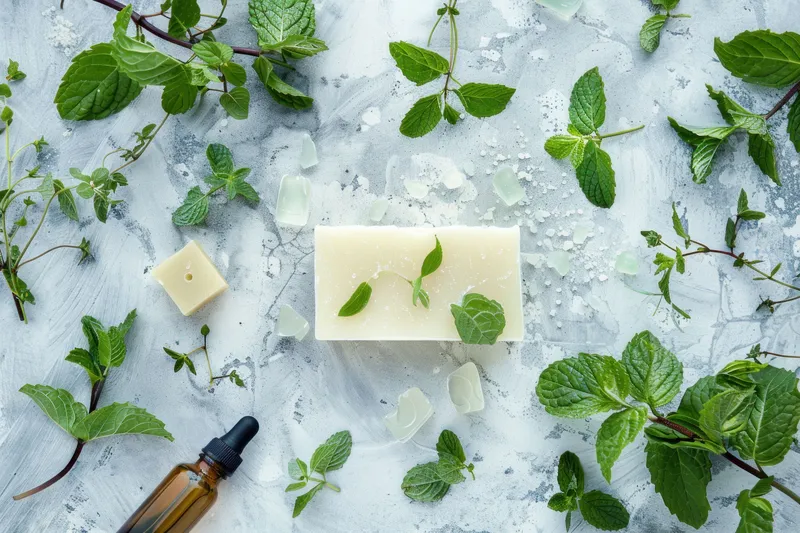 Минималистичная композиция из куска мыла, листьев мяты и эфирного масла на мягком фактурном фоне