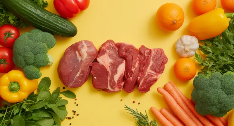 Ассорти из сырого мяса, свежих овощей и трав на ярком желтом фоне, вид сверху