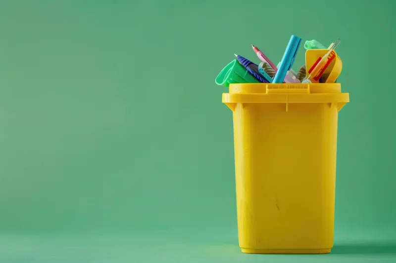 Концепция организации учебных принадлежностей: желтая мусорная корзина, наполненная различными школьными предметами, на зеленом фоне