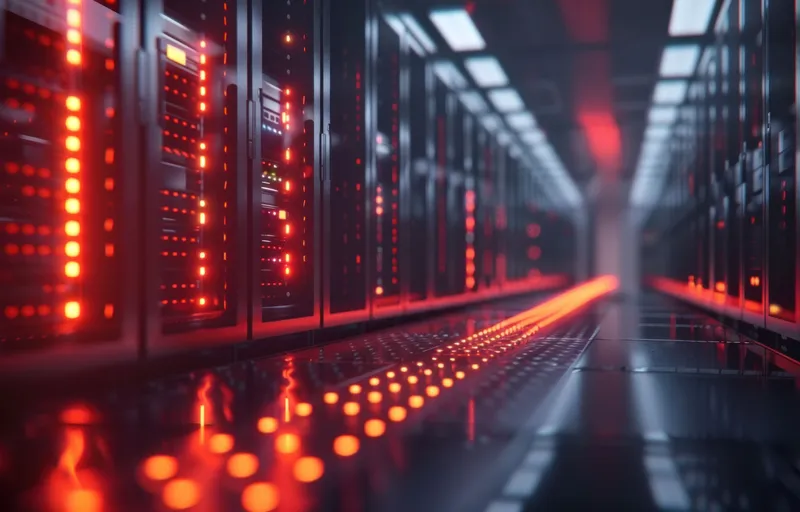Тёмная серверная комната со светящимися красными огнями на стойках, передающая ощущение высокотехнологичной и современной среды
