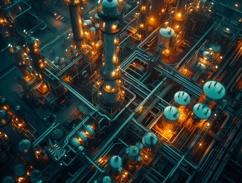 Ночная индустриальная сцена нефтеперерабатывающего завода с множеством труб и конструкций, освещённых в темноте