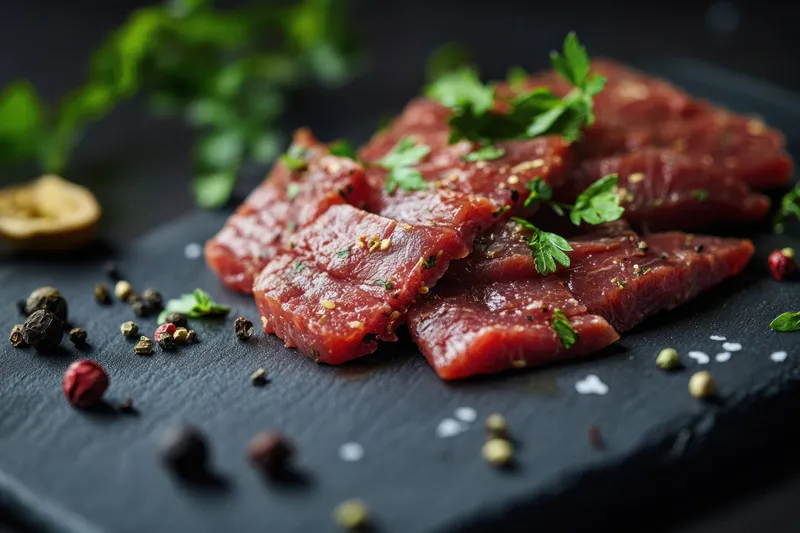 Вкусные ломтики вяленого мяса, выложенные на темном сланце с травами и специями, демонстрируют изысканную подачу, идеально подходящую для вдохновения в кулинарии и здоровом питании