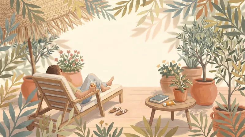Современная летняя сцена в технике гуашь: кресло на патио, напиток, книга и обрамление из листьев вокруг яркого открытого центра