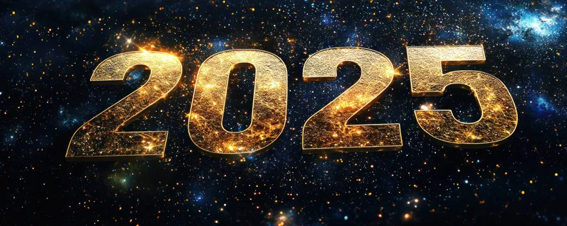 Яркие и переливающиеся золотые цифры 2025 в темном космическом пространстве, усыпанном звездами, олицетворяют надежду, успех и волнение от нового года