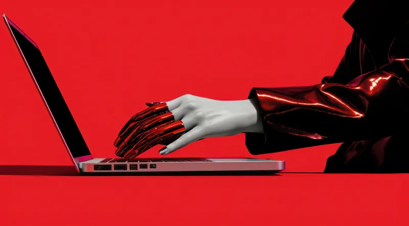 Мужчина за ноутбуком на столе, интернет, концепция рабочего места, современный компьютер, деловой офис, работа за клавиатурой, руки на фоне, цифровые технологии