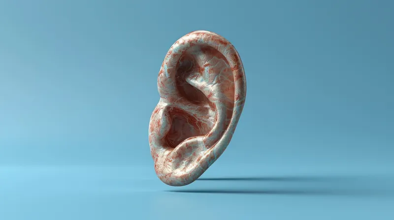 Детализированная 3D-визуализация человеческого уха с красным пятном на поверхности голубого фона