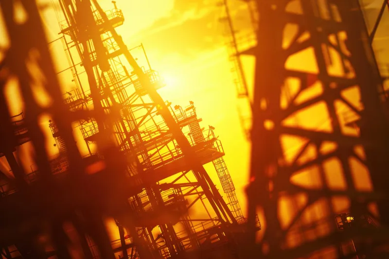 Нефтяные вышки, silhouetted against a golden sunset, символизирующие производство энергии и промышленный прогресс