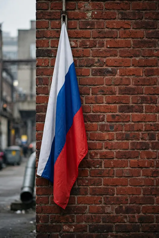 Российский флаг висит на кирпичной стене на улице
