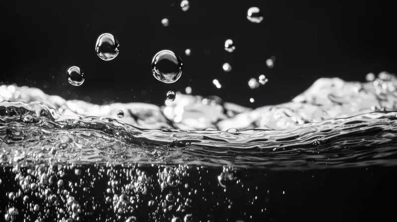 Черно-белое изображение, запечатлевшее капли воды, вызывающие рябь на поверхности, символизирующее движение, текучесть и красоту природы