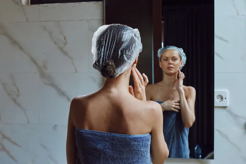 woman in shower cap touching face in bathroom wrapped in blue towel with marble wall background, self-care, morning routine, skincare, reflection