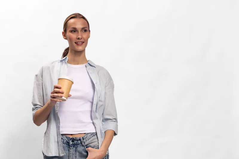 Smiling young woman with ponytail holds paper cup, wearing casual white shirt and blue jeans, standing against white background. Concept for coffee break, relaxation, and everyday lifestyle.
