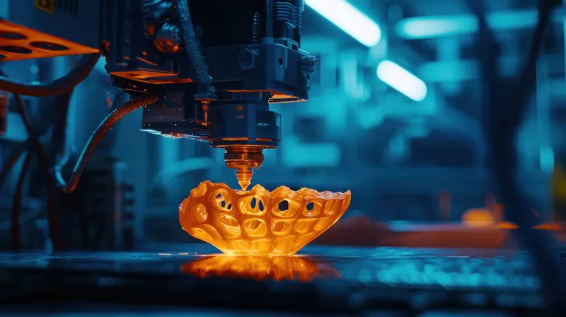 Яркий оранжевый объект, напечатанный на 3D-принтере, созданный передовым принтером, подчеркивает креативность и технологический прогресс в промышленной среде