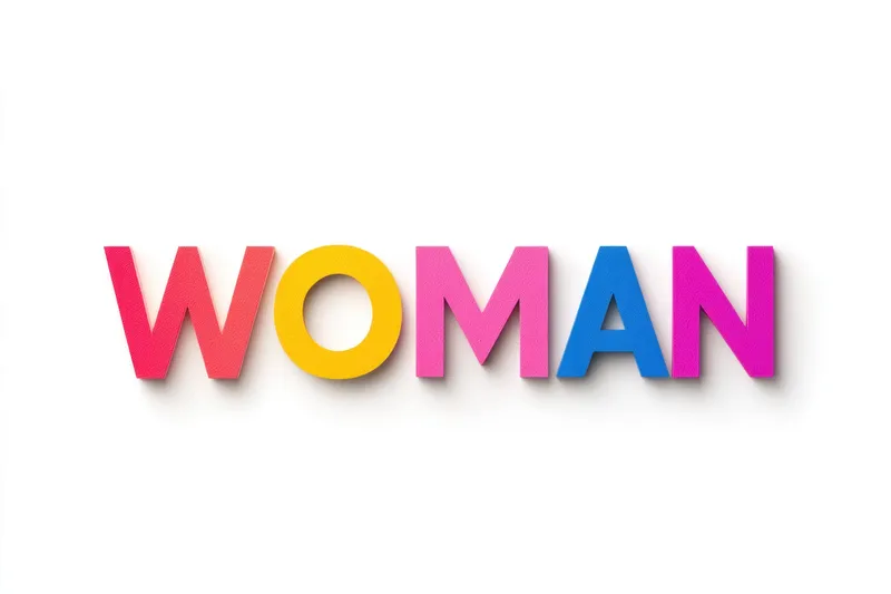 Яркое 3D-слово "WOMAN" в ярких цветах, олицетворяющее женскую силу, женственность и разнообразие