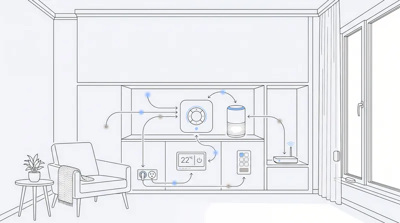 Чистая линейная иллюстрация гостиной с устройствами для умного дома и открытым пространством сверху для технологических заголовков