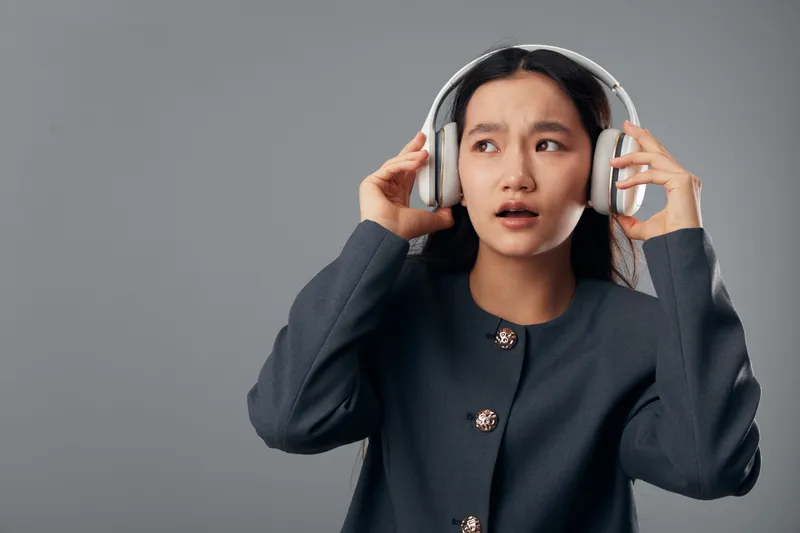 Young woman wearing headphones looks surprised and confused with open mouth and raised eyebrows. Portrait of female listening to music or audio in casual dark clothing against grey background.