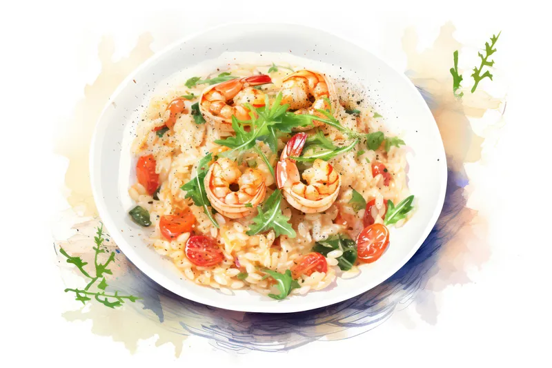 Вкусная еда, тарелка с креветками, ресторан, гурман, итальянское ризотто, белая кухня, фон, средиземноморский обед, блюдо с рисом, креветки, вкусное, полезное, морепродукты, приём пищи