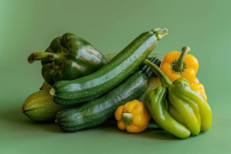 Яркая композиция из свежих овощей, таких как цукини, зеленый и желтый болгарский перец и бананы, на мягком зеленом фоне
