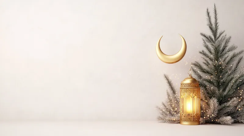 Отпразднуйте Рамадан с этим элегантным украшением с золотым фонарем и полумесяцем, дополненным праздничной зеленью