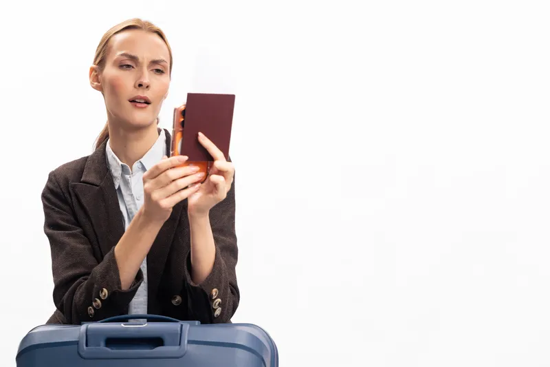 Young woman in formal jacket checking passport and ticket while sitting behind blue suitcase. Travel concept with planning, identification, and preparation for trip on white background.