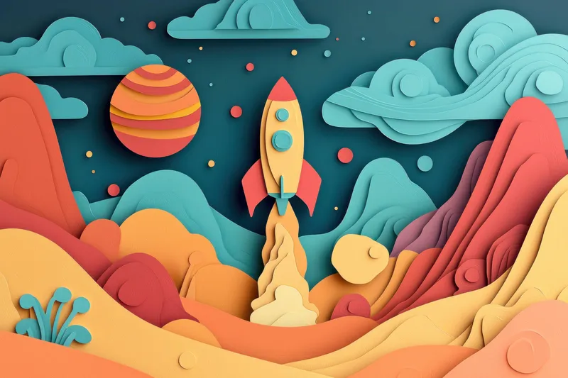 Игривая иллюстрация в технике бумажного вырезания, изображающая ракету, запускаемую в космос, в окружении красочных планет и облаков, создающая яркую и воображаемую сцену, идеальную для детских тем