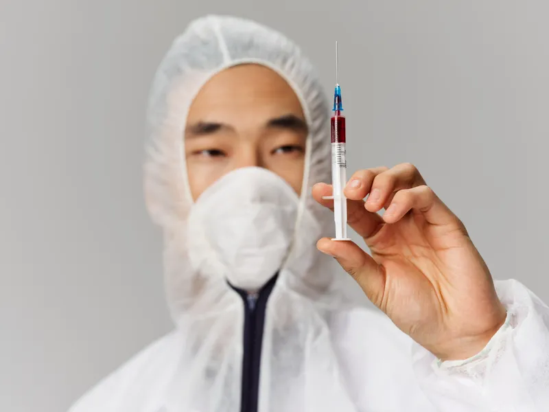 Мужчина в медицинской защитной маске, лечение вакциной