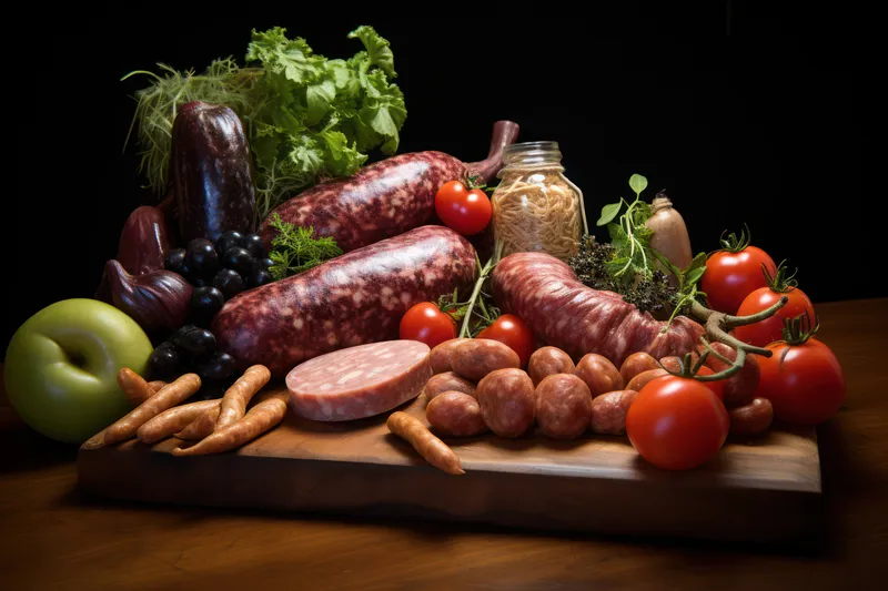 Мясо, колбаса, сырой крупный план, ингредиент, вкусная свинина, еда, закуска, вкусный окорок, говядина, ужин, деревянная копченая доска, салями, свежее традиционное блюдо
