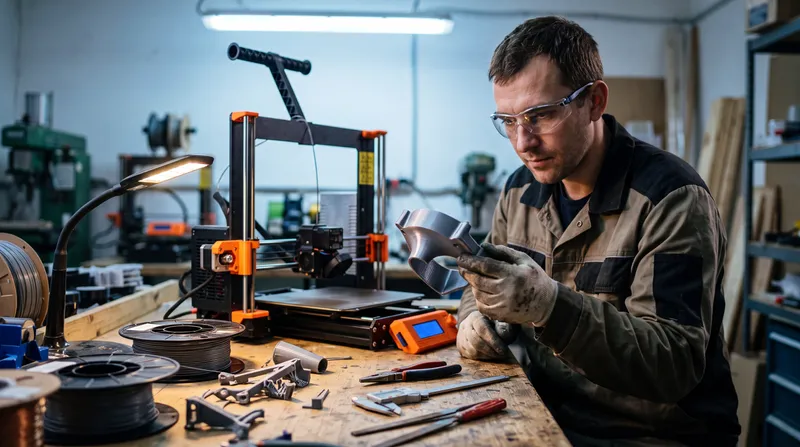 Индустриальная документальная сцена: техник проверяет свежую 3D-печатную деталь рядом с принтером, с реалистичными материалами, человеческим масштабом и деталями мастерской