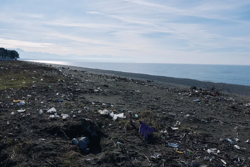 Polluted beach with scattered litter along the shoreline and dark sand, distant horizon under a gray sky, illustrating environmental damage and cleanup urgency