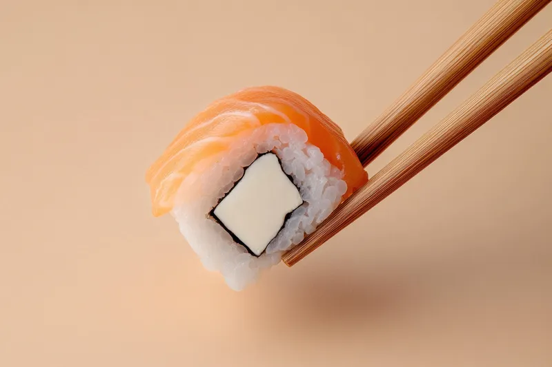 Минималистичный кухонный натюрморт, демонстрирующий нежный кусочек суши; теплые тона и мягкий свет передают свежесть, текстуру и тонкую элегантность, приглашая к тихой трапезе и простому удовольствию