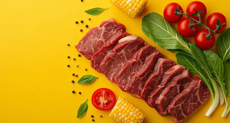 Сырой говяжий стейк с разнообразными овощами и кукурузой на желтом фоне, вид сверху, плоская композиция, свободное место