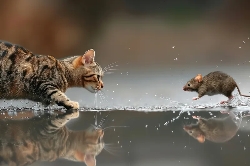 Милый котёнок игриво ловит рыбу в пресной воде озера, с полосатой тигровой шерстью и красивыми глазами