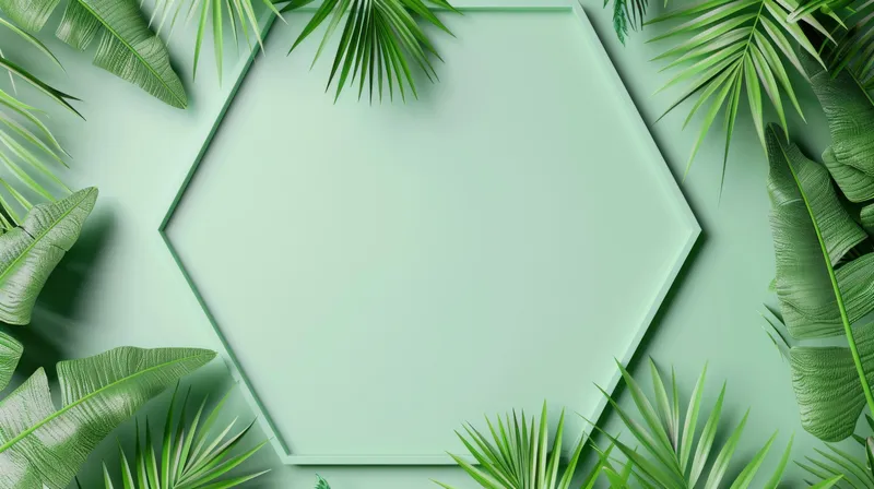 Фон свежего мятного цвета, окруженный пышными тропическими листьями, идеально подходит для баннеров или презентаций