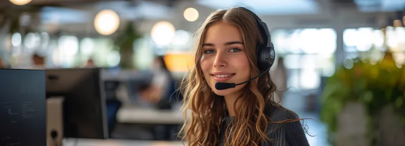 Счастливая молодая женщина в гарнитуре сидит перед компьютером с улыбкой на лице