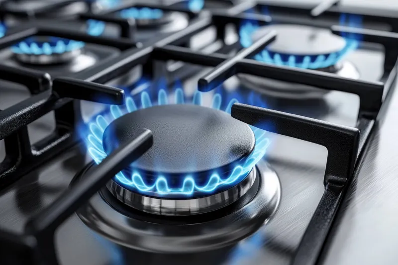 Яркий крупный план современной газовой плиты с синим пламенем, подчеркивающий энергоэффективность, безопасность и точность в приготовлении пищи