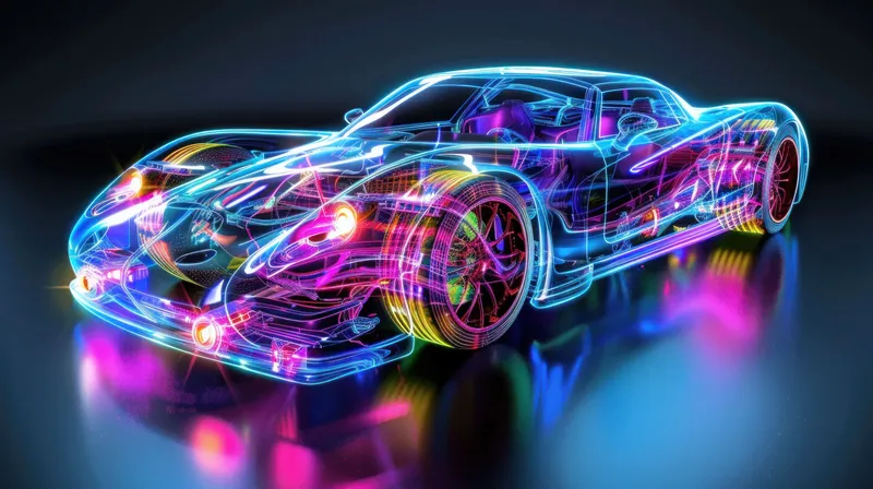Светящийся прозрачный спортивный автомобиль с неоновой подсветкой на темном отражающем фоне